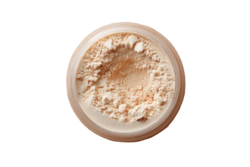 Cream-colored powder in a clear jar.  Top-down view