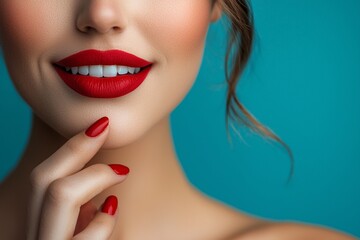 Smiling woman with bright red lipstick and matching nails against a teal background