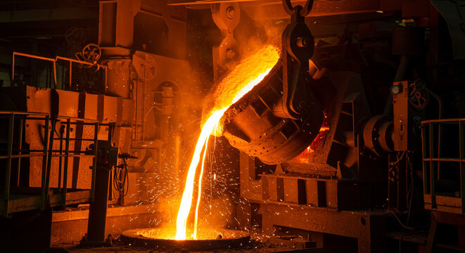 Molten metal pours from industrial ladle, casting fiery sparks in a dynamic manufacturing environment