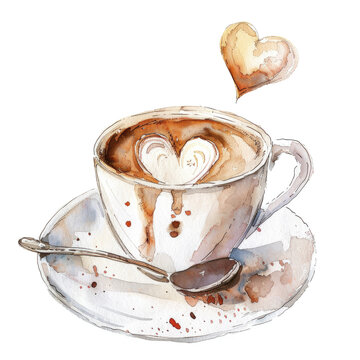 Delicate watercolor illustration of a coffee cup with heart shape latte art on a white background