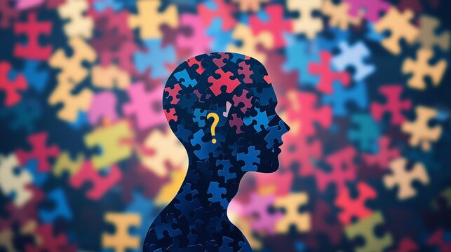 Silhouette person with puzzle piece in the background. Video of human silhouette is a colorful puzzle. National puzzle day is a day of cognitive exploration in the shallow depth of field. Lifestyle.