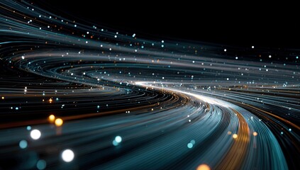 Abstract swirling lines and glowing particles in a dark background
