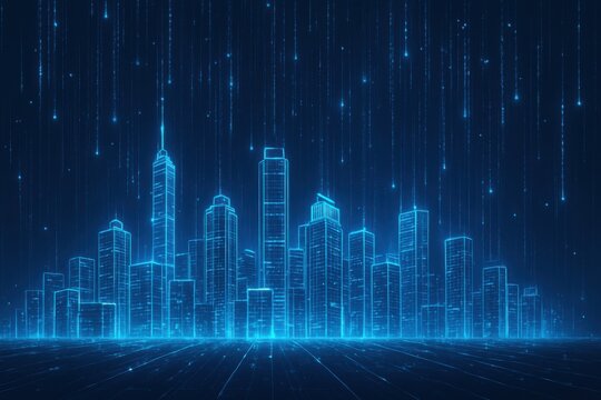 Futuristic cityscape with glowing lines representing data streams and urban architecture