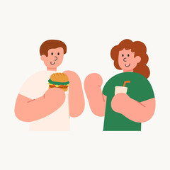 Cartoon illustration of two men eating fast food and talking. Food, lifestyle, and social interaction concept.