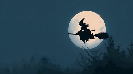 witch flying on broomstick across moon flat design