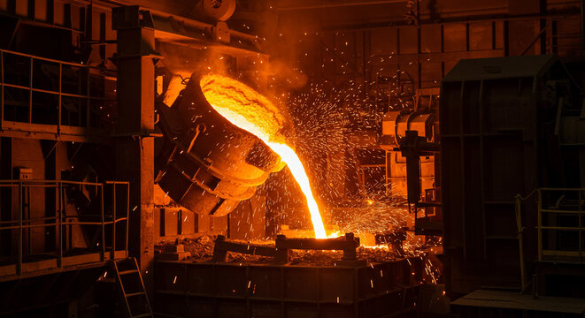 Molten metal pouring from ladle in industrial foundry creating a fiery, dynamic spectacle with sparks flying