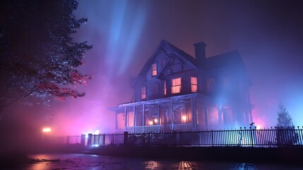 haunted house at night with light beams cinematic lighting