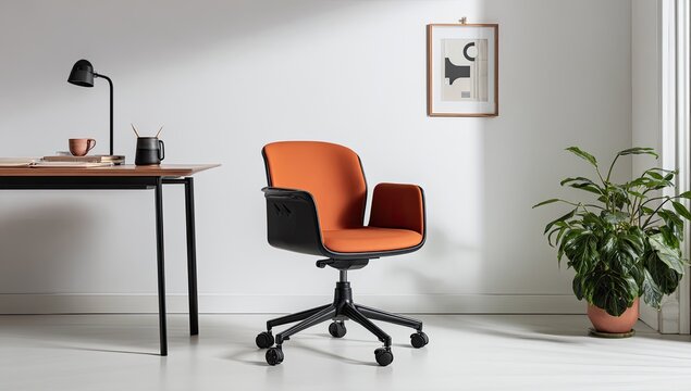 Modern office chair in a bright room. Orange upholstered chair with black frame, desk, lamp, and plant. Minimalist style - Powered by Adobe