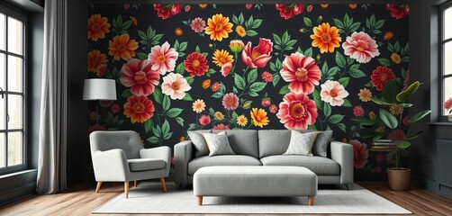 Grey armchair contrasts vibrant floral wallpaper in a dark living room, complemented by sofa & potted plant, pattern, dark interior