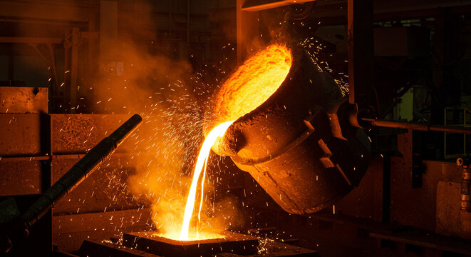 Molten metal pouring from ladle into mold, intense heat, sparks flying, industrial foundry scene - Powered by Adobe