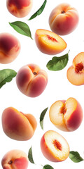 Delicious peaches floating with fresh green leaves against a dramatic transparent background