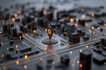 3D city model with location pin.  Circuit-like grid