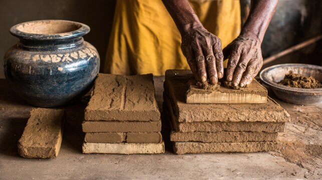 Clay brick formation in industrial plant with machinery and drying lines