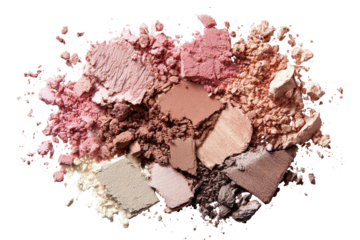 Crushed eyeshadows in a variety of muted pinks, peaches, and browns, scattered in a chaotic, textured cluster against a black background.  A close-up view of the fragmented makeup product