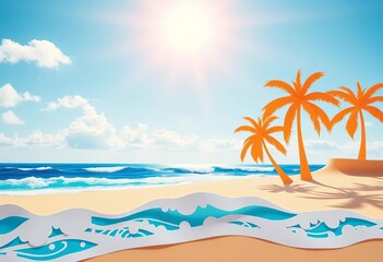 Sun-drenched beach scene with layered paper cut palm trees and ocean waves,  design,  vibrant