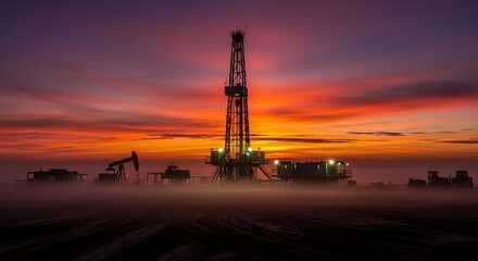 Drilling Rig at Sunset Industrial Landscape with Dramatic Sky View