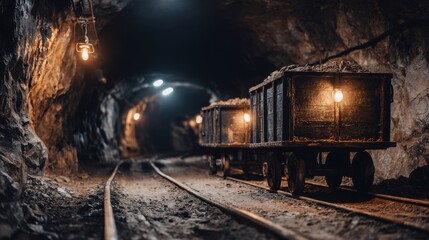 Naklejka premium Mine Carts on Rails in Underground Tunnel