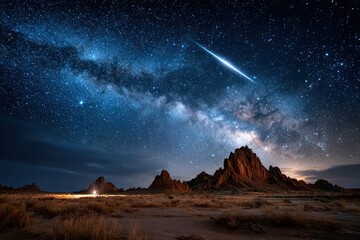 Obraz premium Starry Night Sky Over Desert Rock Formations with Meteor