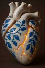 Porcelain Lion Heart with Golden Cracks and Sapphire Veins