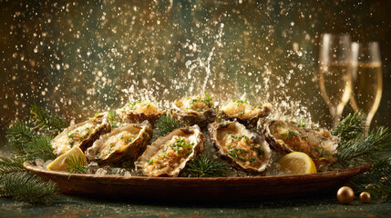 Fresh oysters with lemon and herbs on festive platter with champagne glasses and water splash in golden light
