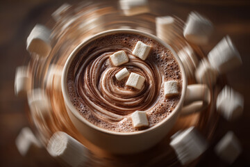 Hot chocolate with marshmallows captured in dynamic swirl motion on dark wooden background
