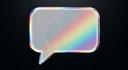 A luminous, prismatic speech bubble icon glowing with rainbow colors against a dark backdrop.