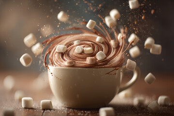 Hot chocolate with flying marshmallows and swirling cocoa splash captured in dramatic motion on warm background
