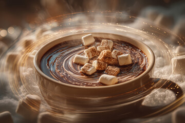 Creamy hot chocolate with toasted marshmallows in swirling motion surrounded by soft steam and warm light
