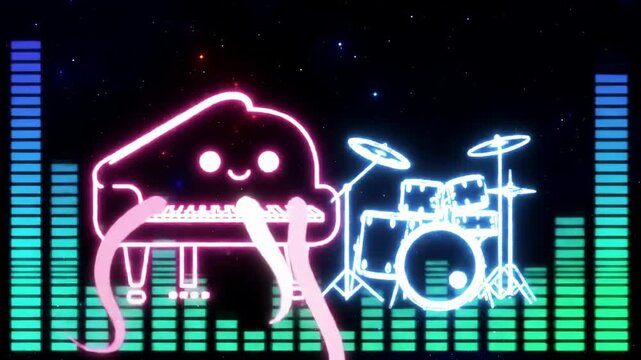 Dynamic Neon Music Animation of a Cute Piano Character and Drums with Glowing Equalizer Bars