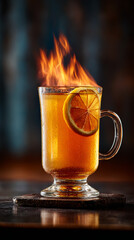 Flaming cocktail with lemon slice served in glass mug on dark bar counter with warm dramatic lighting
