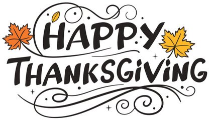 Vector art of happy thanksgiving with autumn leaves and decorative swirls