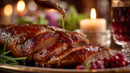 Roasted duck breast with gravy and cranberry sauce served on festive dinner table with candlelight
