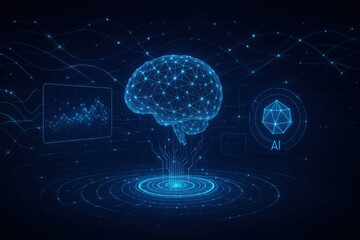 Artificial intelligence brain with circuit board and network connections hologram futuristic