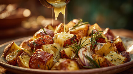 Golden roasted potatoes with rosemary topped with melted cheese and herbs served in warm rustic setting
