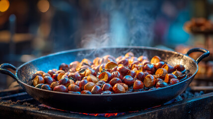 Hot roasted chestnuts steaming in large pan at outdoor market with warm festive lighting
