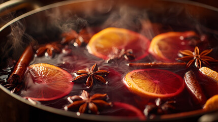 Hot mulled wine simmering with orange slices, cinnamon sticks, and star anise in warm festive lighting