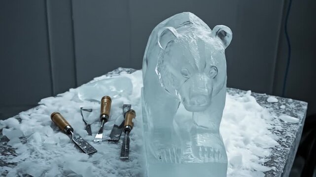 Spectacular Ice Sculpture of a Majestic Bear with Professional Tools Display