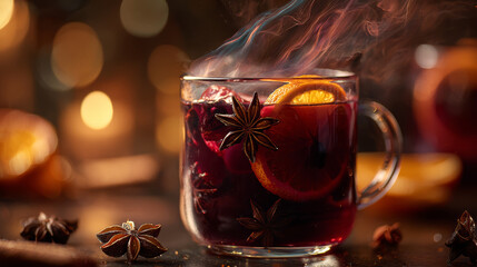Steaming glass of mulled wine with orange slice, cinnamon, and star anise in warm festive Christmas lighting
