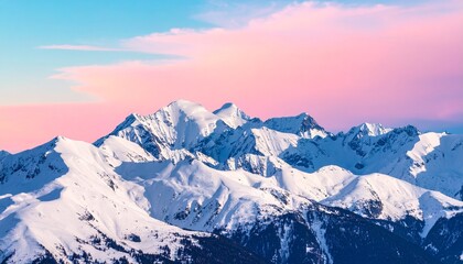 Fototapeta premium A breathtaking panoramic view of a majestic snow-capped mountain range under a serene pastel pink and blue sky at sunrise