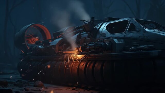 Futuristic hovercraft vehicle with smoking engine in dark industrial landscape, technology concept.