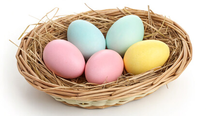Pastel Easter Eggs in nest on bright surface create product photography, branding, posters.