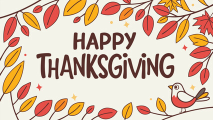 Obraz premium Vector art of happy thanksgiving greeting card with autumn leaves and bird