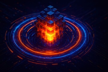 Abstract glowing cube surrounded by vibrant circular energy fields, representing data processing