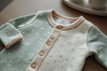 Soft pastel baby onesie with cloud pattern and wooden buttons, cozy newborn clothing on wooden table, gentle neutral nursery style