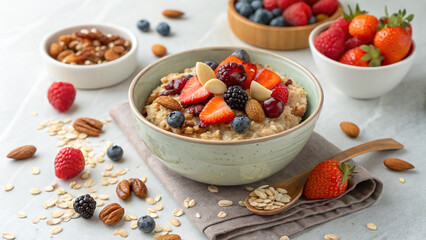 Healthy breakfast oatmeal with berries, almonds and seeds, food presentation, social media marketing and recipe books.