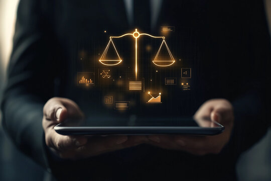 Businessperson holding tablet with glowing hologram of justice scales and legal data icons, generative ai