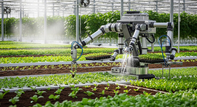 Robotic arm cultivating crops in a modern automated greenhouse