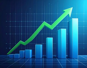 Rapidly growing digital business sales traffic shown by an upward arrow over a bar chart. Blue and green theme represents success, growth, and data-driven progress. Ideal for marketing or finance