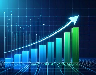 Naklejka premium Rapidly growing digital business sales traffic shown by an upward arrow over a bar chart. Blue and green theme represents success, growth, and data-driven progress. Ideal for marketing or finance