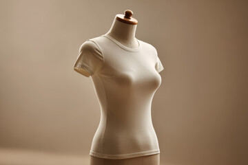 Beige fitted women’s t-shirt on mannequin, minimalist fashion apparel mockup for branding and clothing design presentation